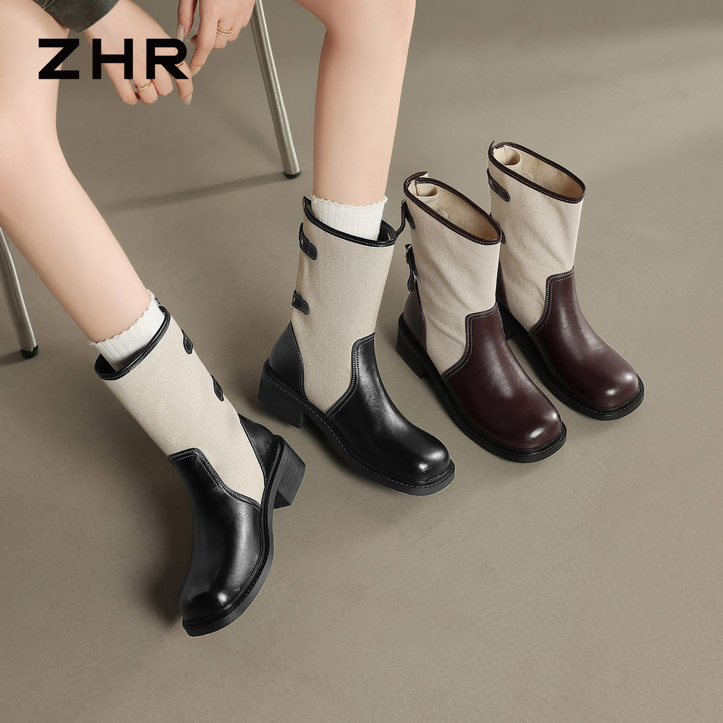 13823044.【ZHR则则】粗跟短靴圆头套脚厚底女鞋[PU+帆布]