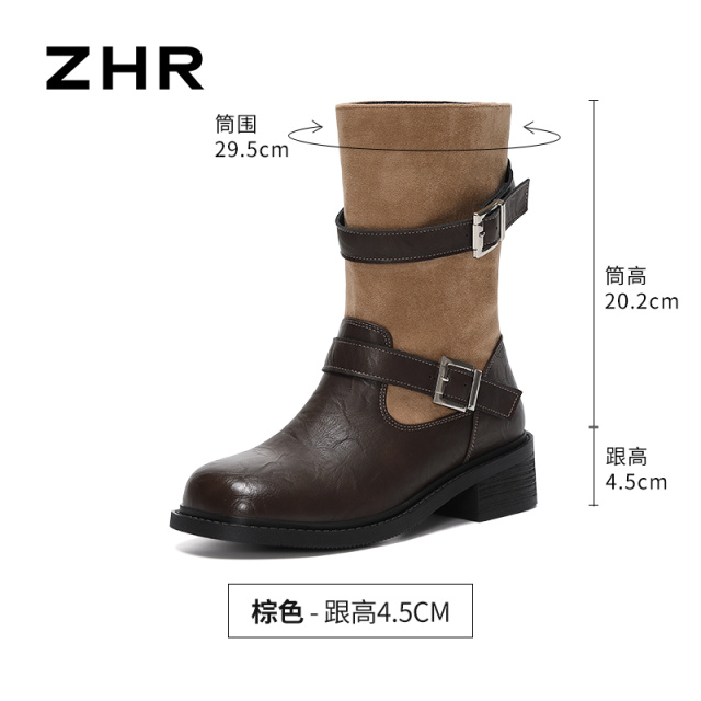 13822998.【ZHR则则】粗跟短靴圆头搭扣厚底女鞋[PU+羊京绒]