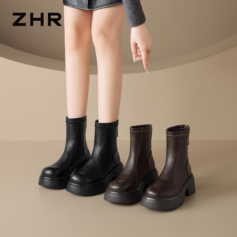 13823041.【ZHR则则】短靴圆头后拉链厚底女鞋[PU]