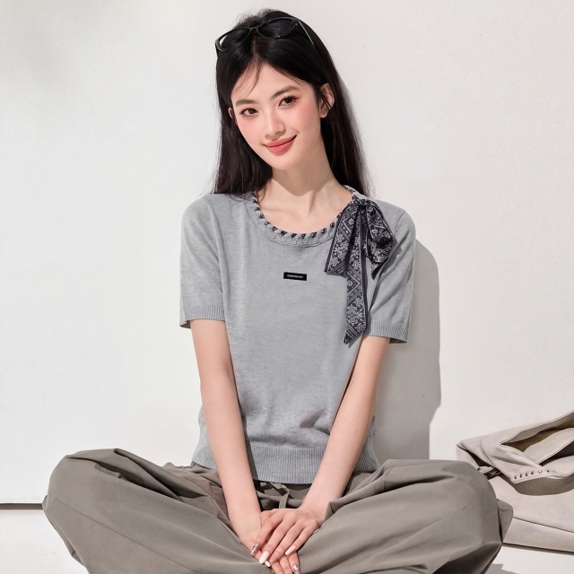 13818781.CHOCOOLATE韩系蝴蝶结系带针织衫短袖t恤夏季别致上衣