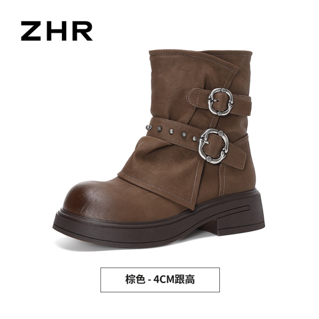 13822995.【ZHR则则】短靴圆头套脚厚底女鞋[PU]
