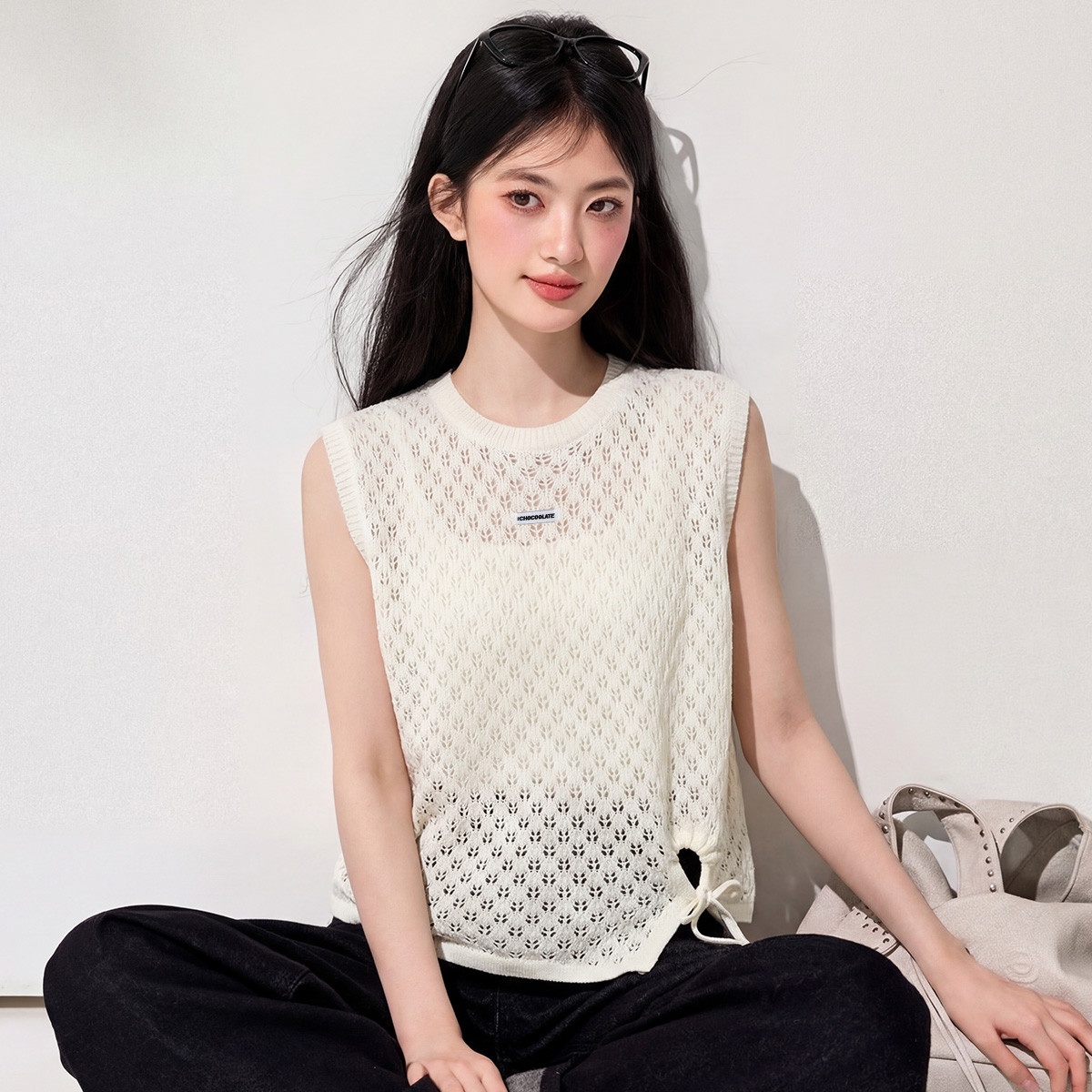 13818786.CHOCOOLATE设计感针织衫钩花镂空无袖背心夏季休闲上衣