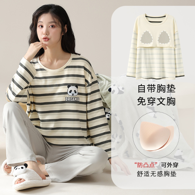 13819224.派邦奴秋冬季新款条纹显瘦女款套头纯色长袖长裤睡衣套装ck