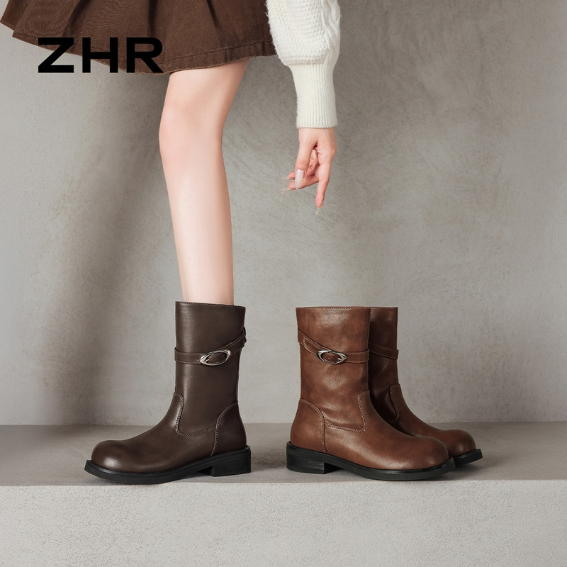 13823032.【ZHR则则】短靴圆头套脚厚底女鞋[PU]