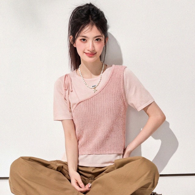 13818792.CHOCOOLATE小众设计两件装亮片针织短袖t恤减龄女上衣