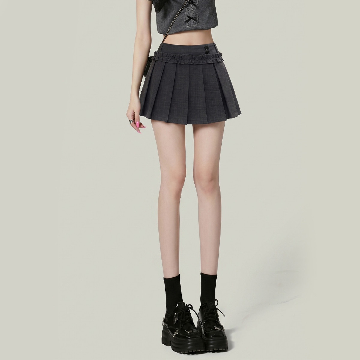 13818263.CHOCOOLATE木耳边高腰百褶裙甜美少女减龄简约A字短裙