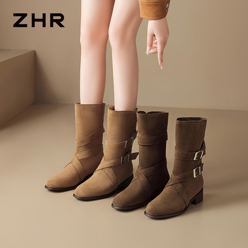 13823042.【ZHR则则】粗跟短靴圆头套脚厚底女鞋[绒布]