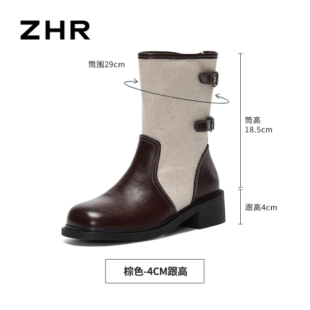 13823044.【ZHR则则】粗跟短靴圆头套脚厚底女鞋[PU+帆布]