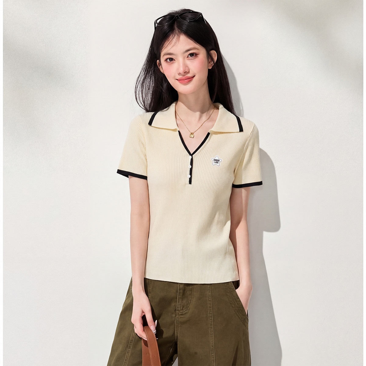13818775.CHOCOOLATE学院风翻领短袖t恤针织衫夏季减龄女式上衣