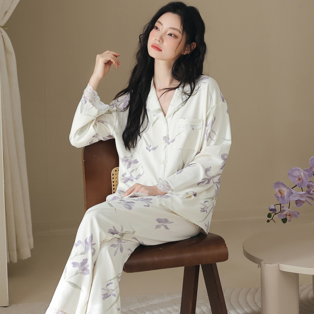 13818067.猫人睡衣女春秋季款纯棉长袖开衫印花高级感女士家居服套装