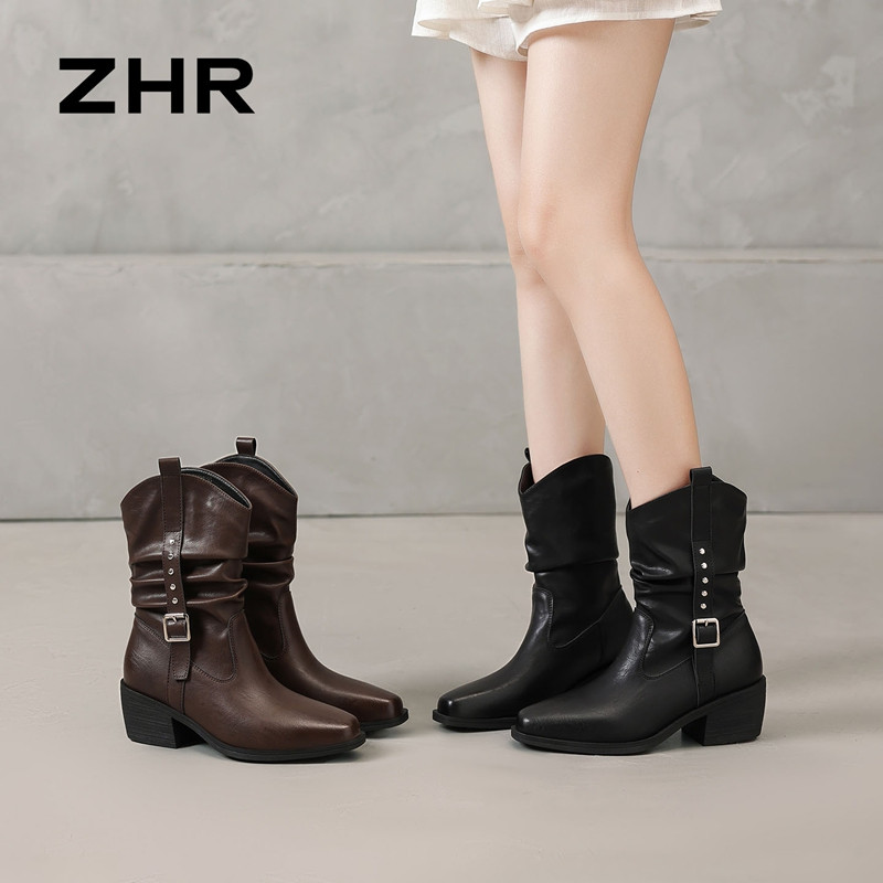 13822983.【ZHR则则】西部靴方头套脚厚底女鞋[PU]