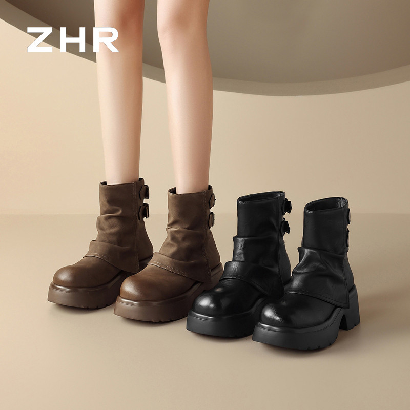 13823019.【ZHR则则】短靴圆头套脚厚底女鞋[PU]