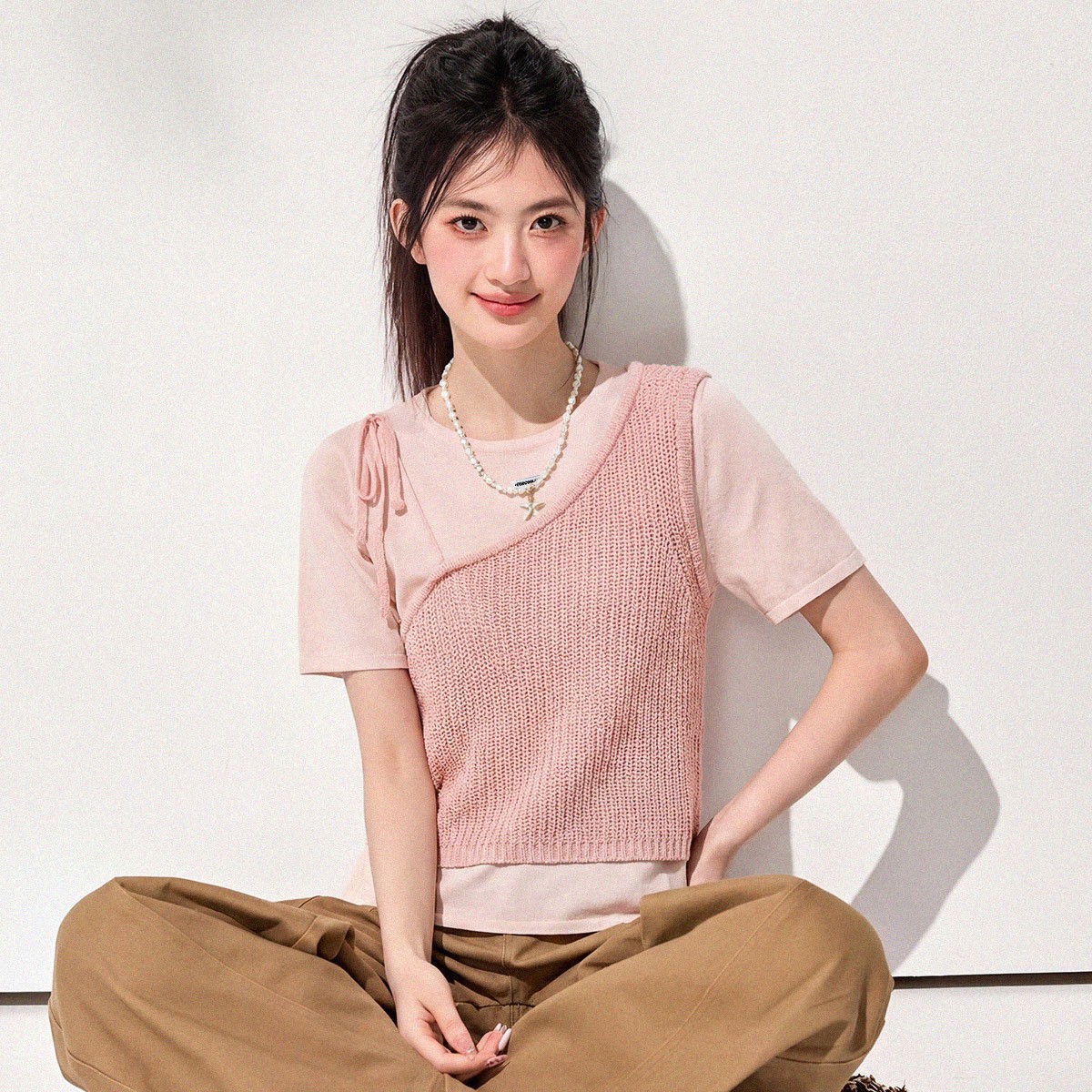 13818792.CHOCOOLATE小众设计两件装亮片针织短袖t恤减龄女上衣