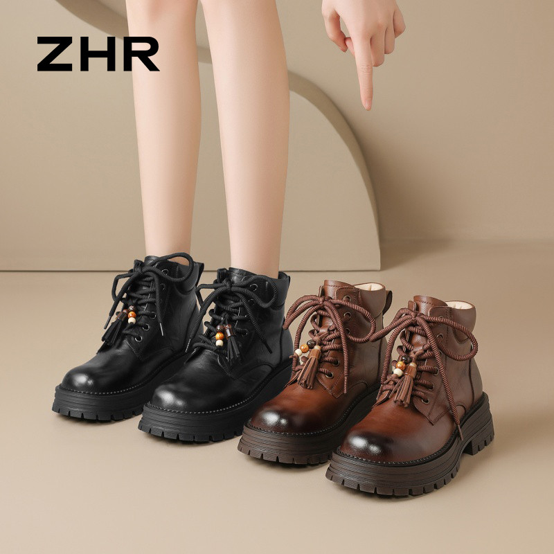 13822986.【ZHR则则】妈妈靴子圆头系带厚底女鞋[头层牛皮]