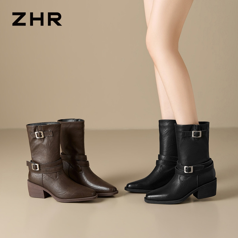 13823015.【ZHR则则】西部靴圆头套脚厚底女鞋[PU]