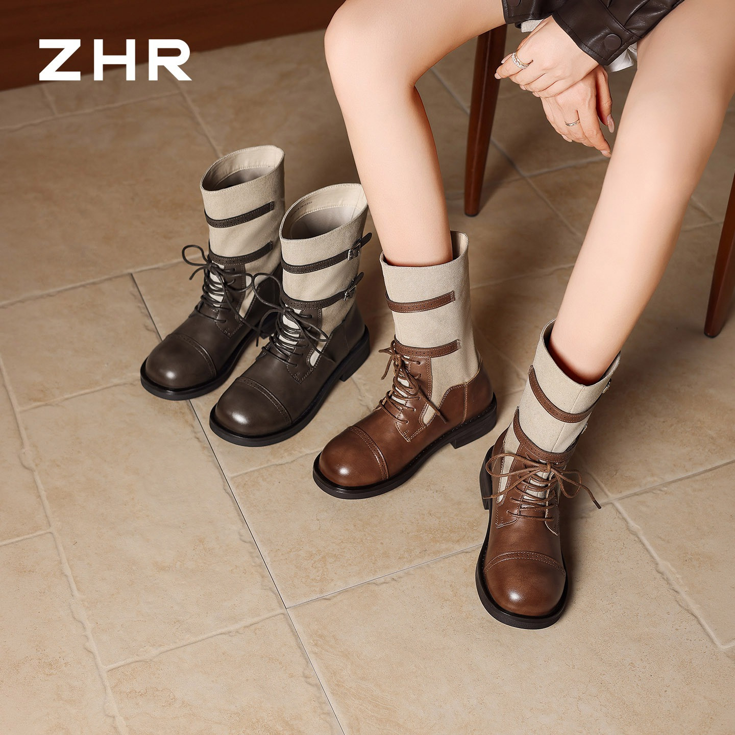 13822992.【ZHR则则】马丁靴圆头系带厚底女鞋[PU+帆布]