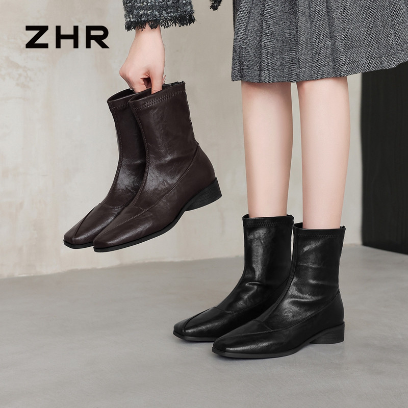 13822987.【ZHR则则】短靴方头后拉链厚底女鞋[PU]