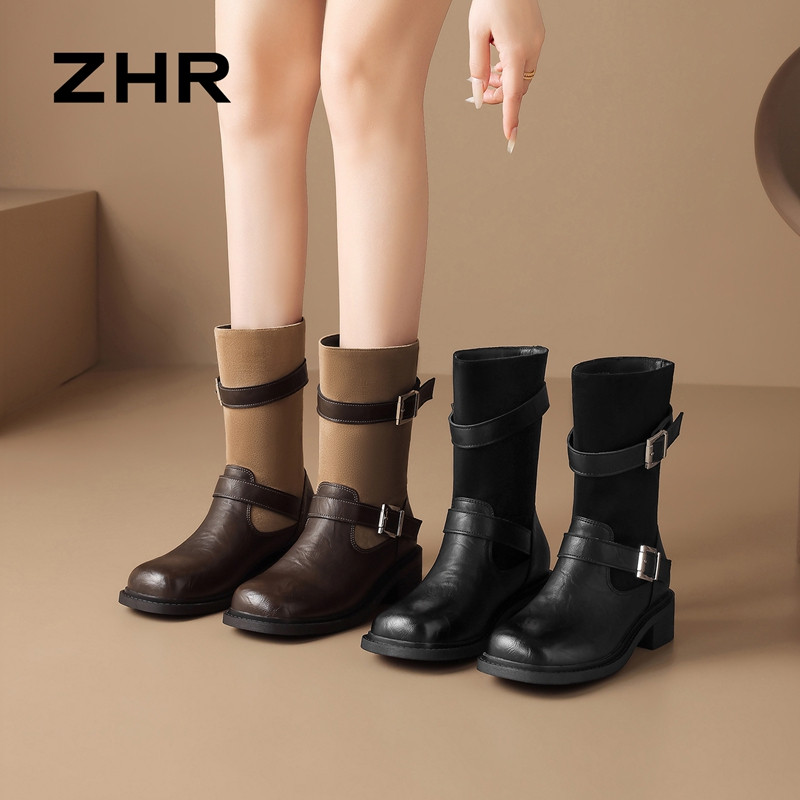 13822998.【ZHR则则】粗跟短靴圆头搭扣厚底女鞋[PU+羊京绒]