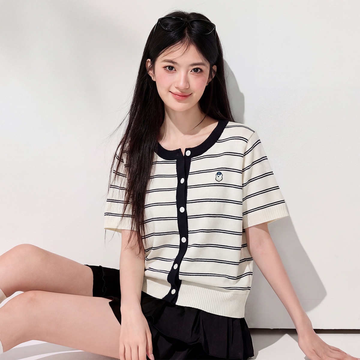 13818797.CHOCOOLATE条纹撞色甜美减龄圆领短袖针织衫夏季女上衣