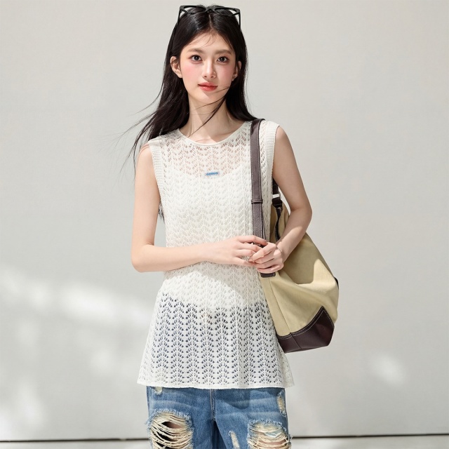 13818808.CHOCOOLATE镂空针织无袖背心夏季轻薄百搭罩衫上衣女士