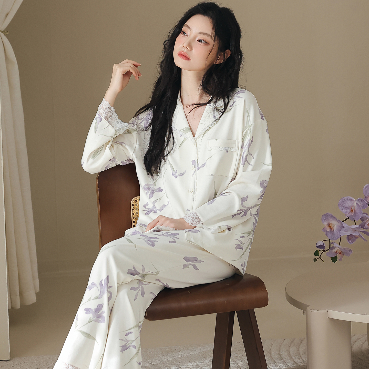 13818067.猫人睡衣女春秋季款纯棉长袖开衫印花高级感女士家居服套装