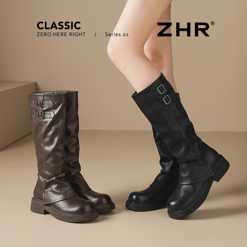 13822993.【ZHR则则】长筒靴圆头套脚厚底女鞋[PU]