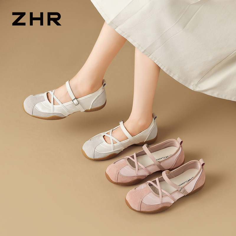 13823607.【ZHR则则】运动玛丽珍鞋圆头搭扣平底女鞋[雨伞布+头层猪皮]