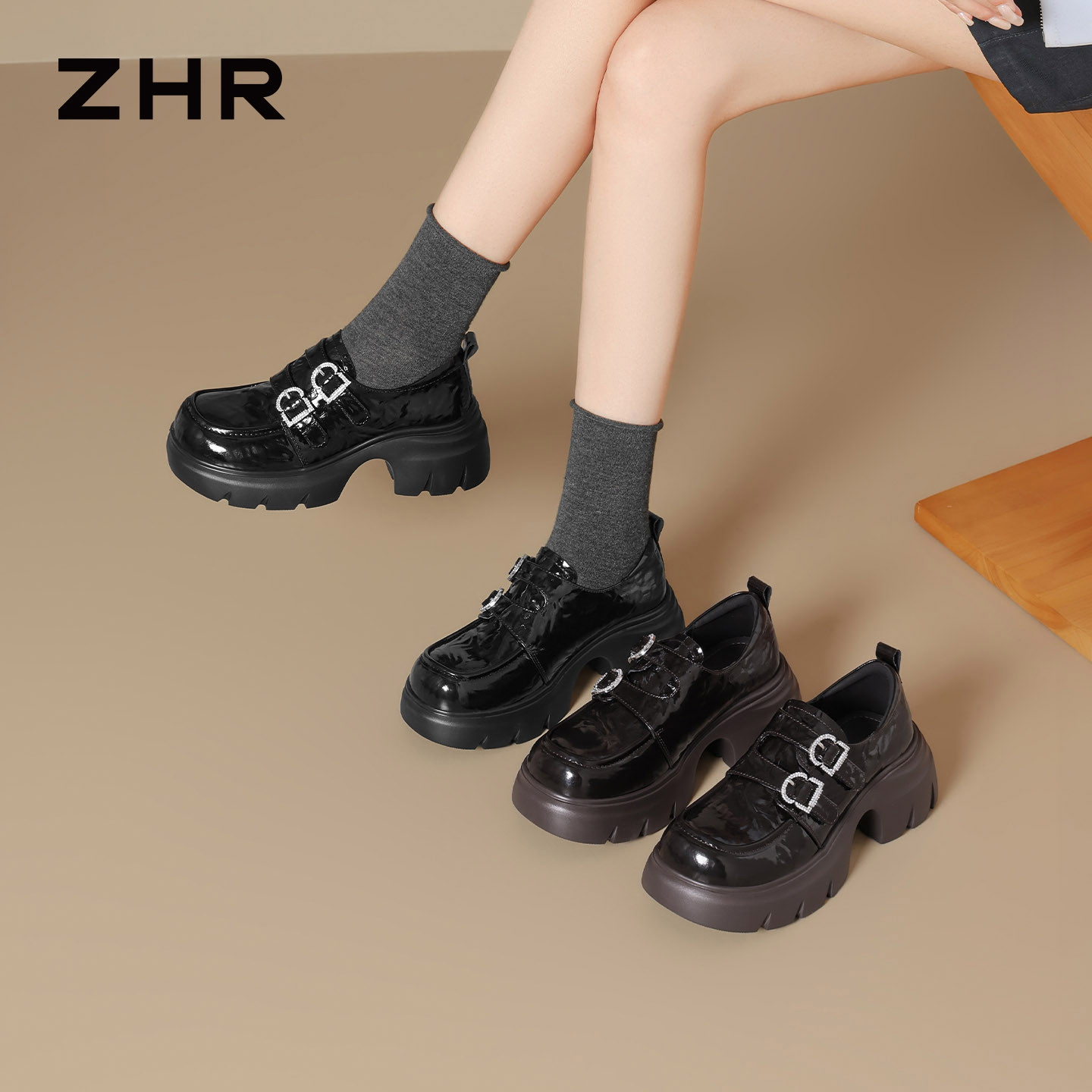 13823005.【ZHR则则】深口单鞋圆头搭扣厚底女鞋[猪皮软垫]