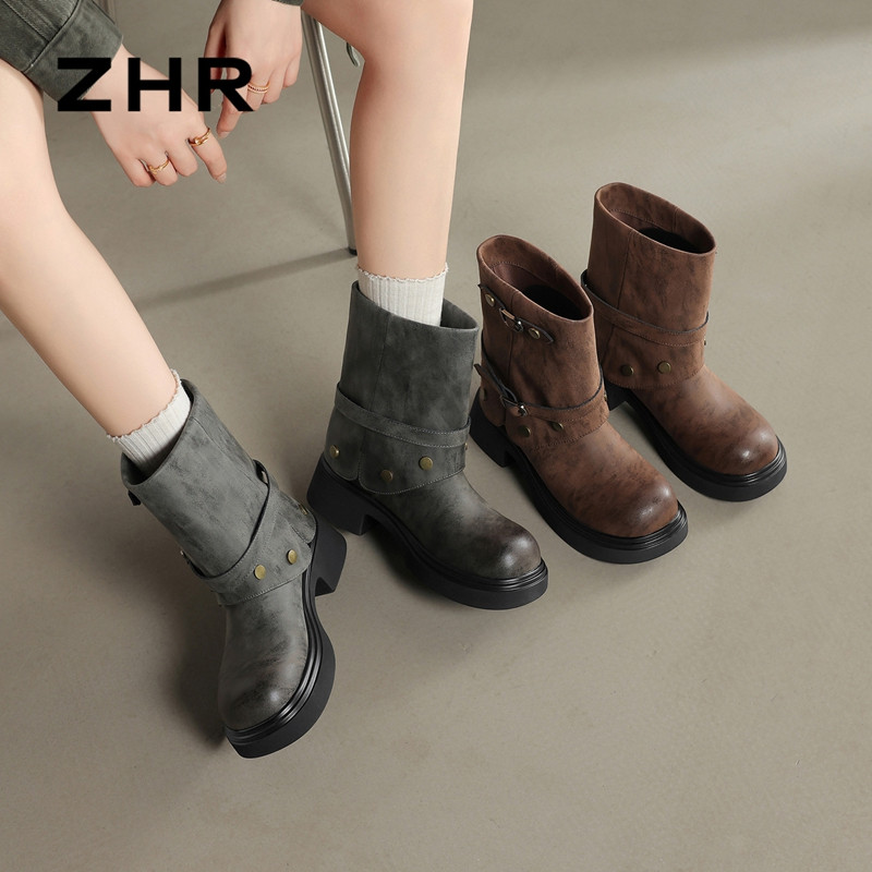 13823033.【ZHR则则】短靴圆头套脚厚底女鞋[PU]