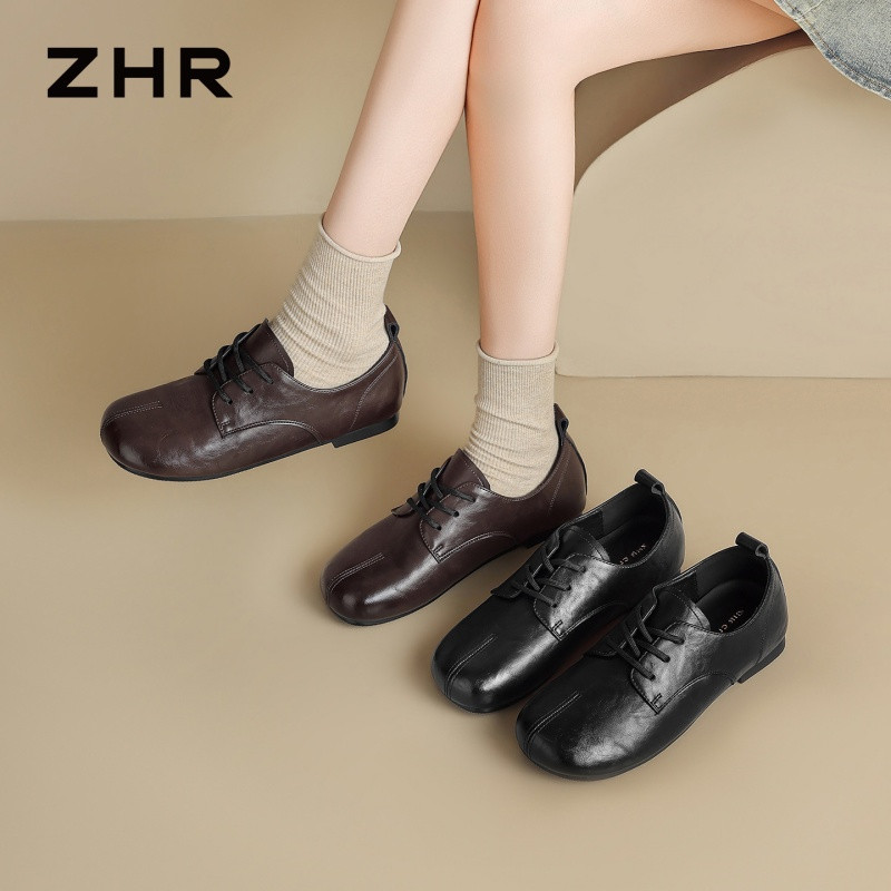 13823006.【ZHR则则】深口单鞋圆头系带平底女鞋[PU]