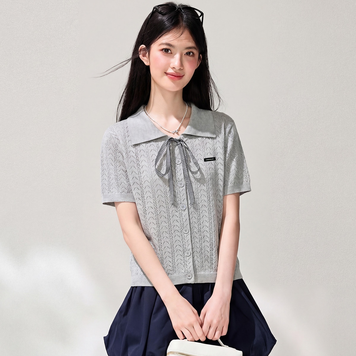 13818814.CHOCOOLATE学院风镂空翻领针织短袖t恤设计感女式上衣