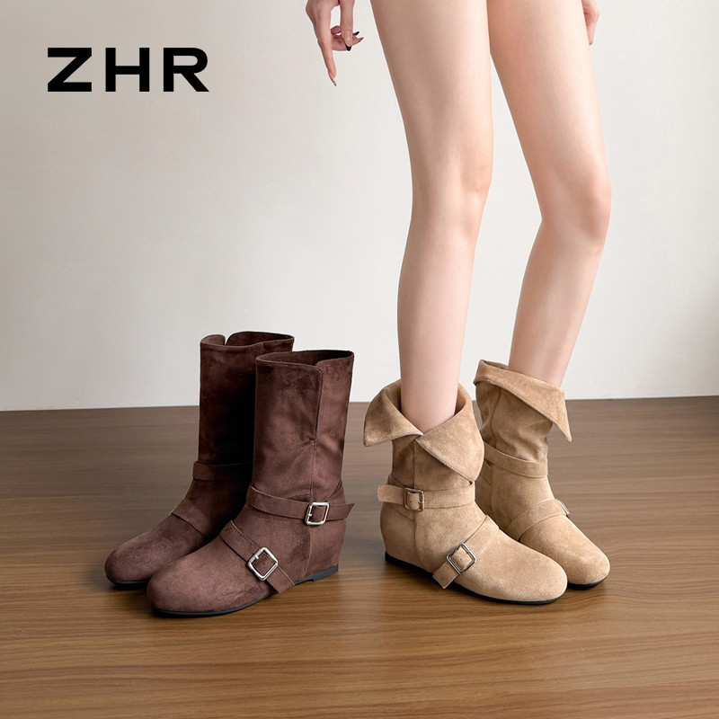 13823000.【ZHR则则】西部靴圆头套脚厚底女鞋[绒布]