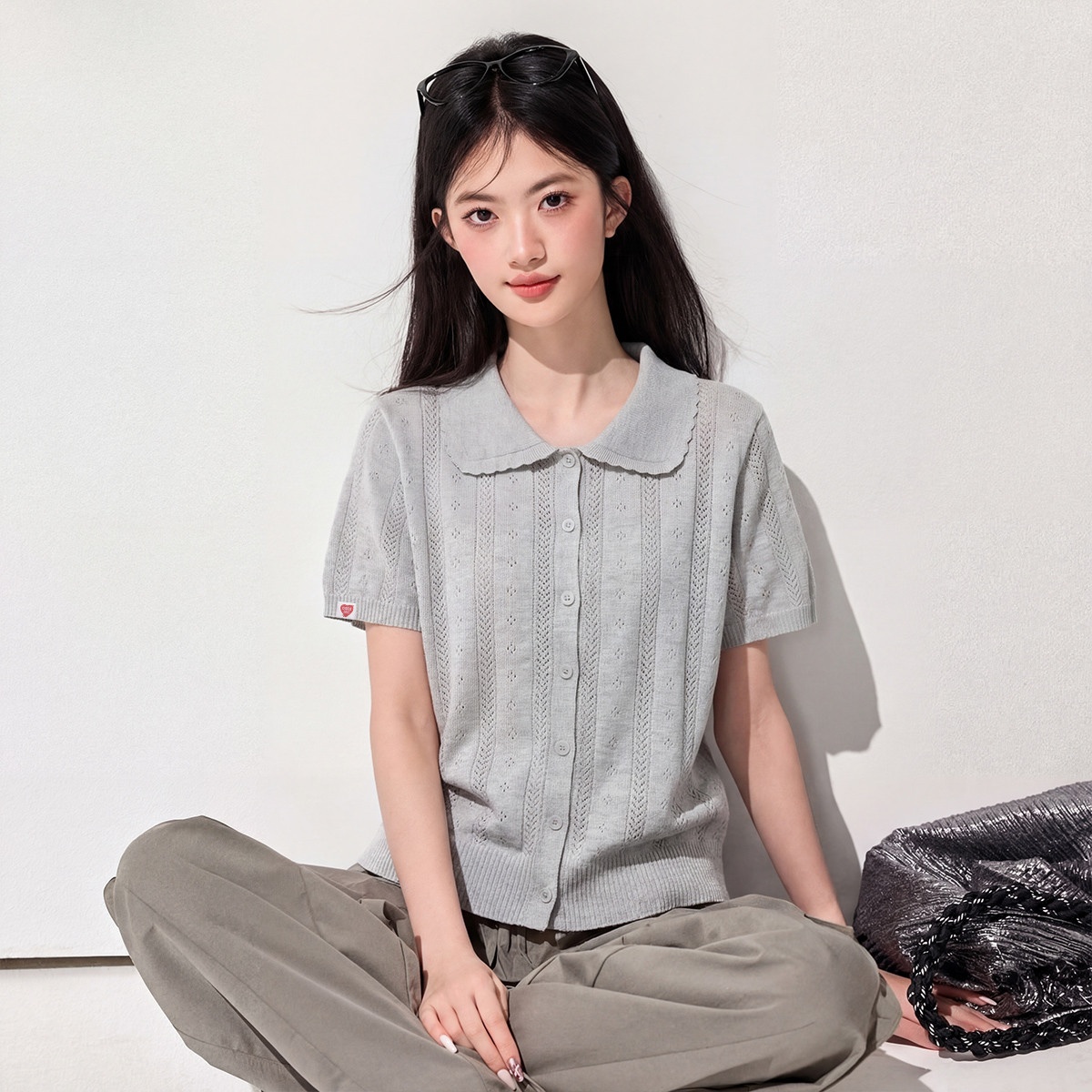 13818812.CHOCOOLATE娃娃领镂空针织短袖t恤夏季减龄甜美女上衣