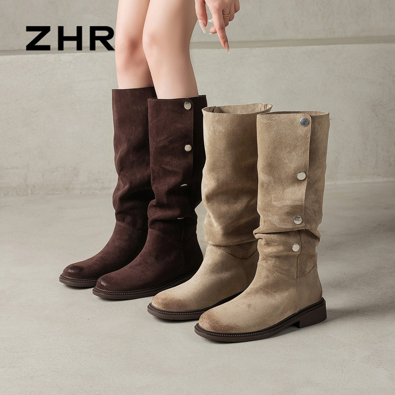 13823524.【ZHR则则】西部靴圆头搭扣厚底女鞋[绒布]