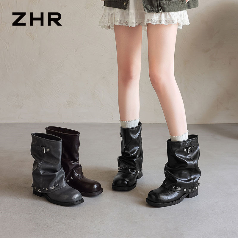 13823001.【ZHR则则】西部靴圆头套脚厚底女鞋[PU]