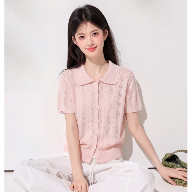 13818812.CHOCOOLATE娃娃领镂空针织短袖t恤夏季减龄甜美女上衣