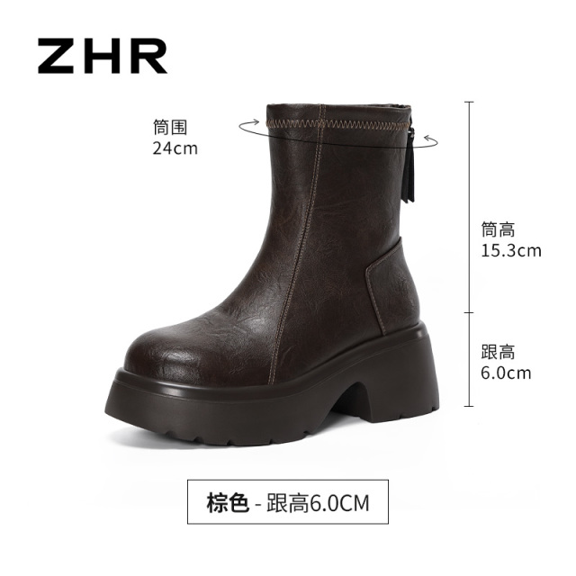 13823041.【ZHR则则】短靴圆头后拉链厚底女鞋[PU]