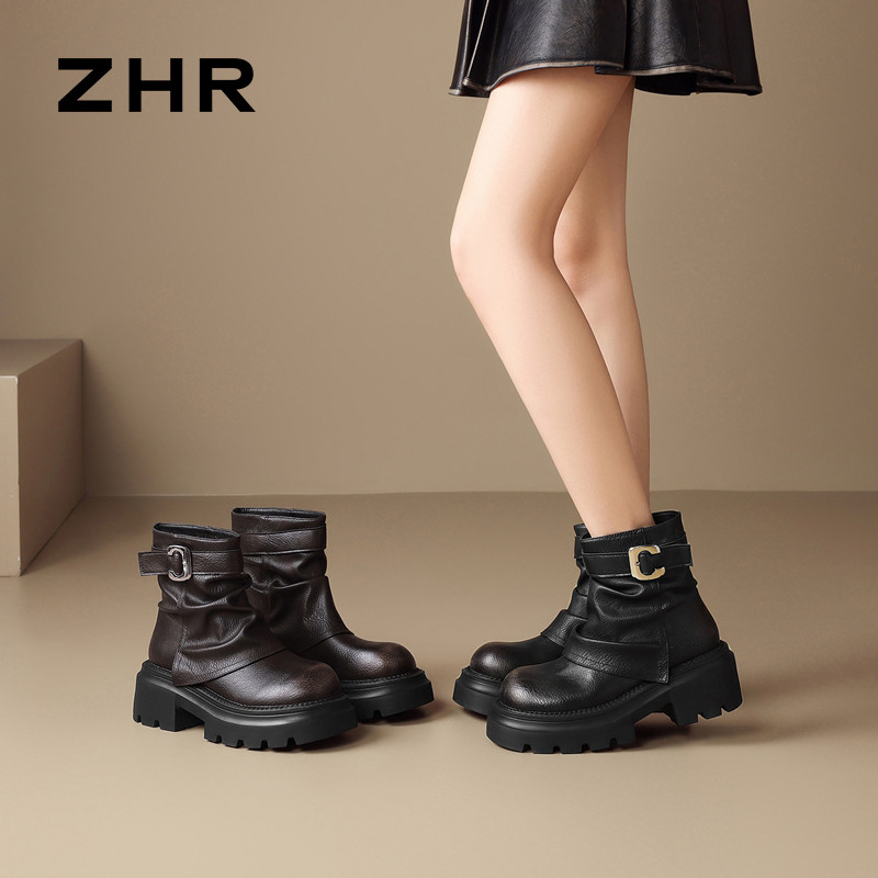 13823039.【ZHR则则】短靴圆头套脚厚底女鞋[PU]