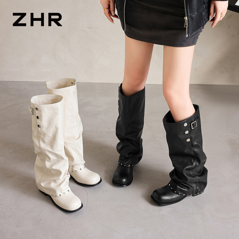 13822991.【ZHR则则】长筒靴圆头套脚厚底女鞋[PU]