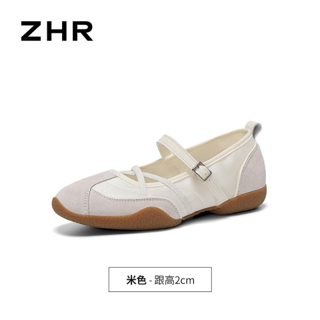 13823607.【ZHR则则】运动玛丽珍鞋圆头搭扣平底女鞋[雨伞布+头层猪皮]