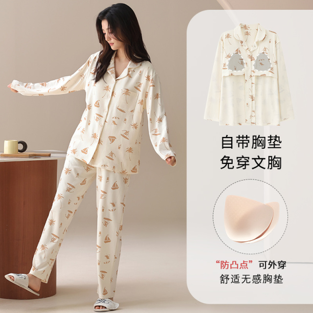 13819221.派邦奴女士秋冬款自带胸垫可爱图案满印纯棉居家睡衣套装ck