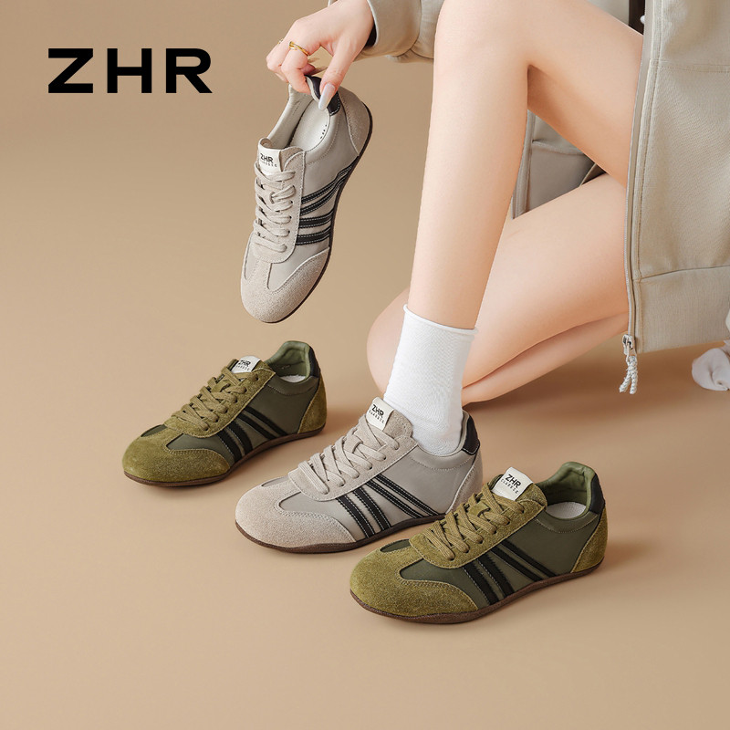 13822989.【ZHR则则】薄底德训鞋圆头系带平底女鞋[雨伞布+牛剖层绒面革+超纤]