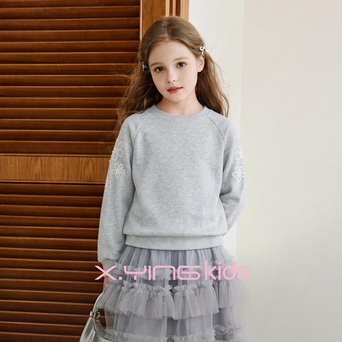 13824313.香影女童纯棉灰色套头卫衣女2026秋季新款儿童中大童刺绣休闲上衣