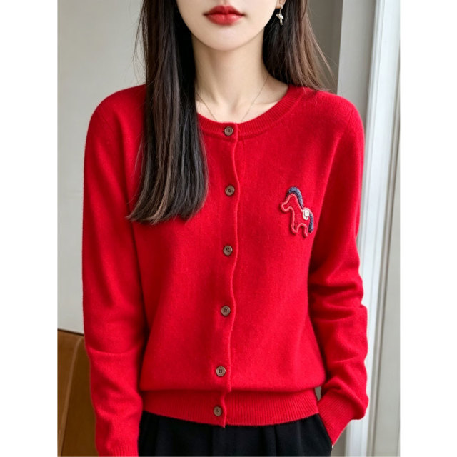 13824633.丹芙娅红色新年长袖针织开衫刺绣毛衣外套秋季新款慵懒高级感上衣女