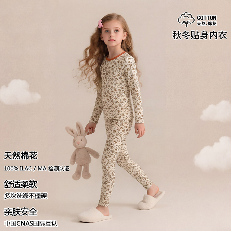 13826054.猫人女童内衣套装儿童纯棉秋衣秋裤女孩全棉棉毛衫棉毛裤圆领秋冬季新