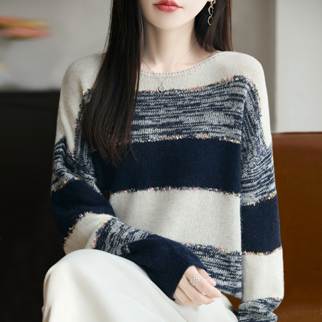 13824669.丹芙娅秋装复古条纹针织打底衫女春秋洋气上衣大码女装秋冬毛衣