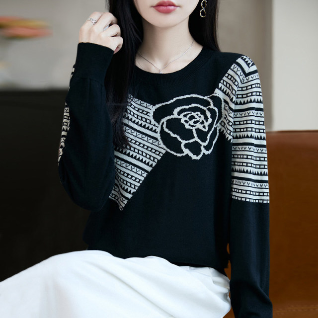 13824642.丹芙娅秋装提花针织打底衫女春秋内搭上衣洋气大码女装秋冬毛衣