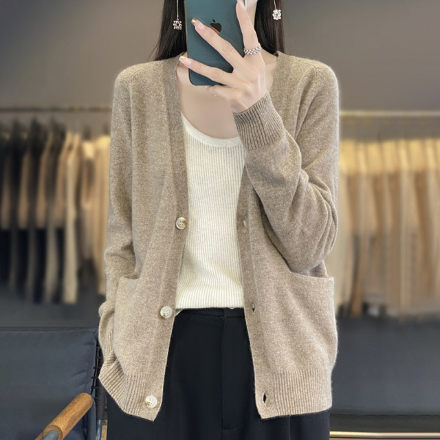 13824680.丹芙娅新款针织开衫外套女带兜毛衣潮上衣V领毛衫秋季纯色外搭