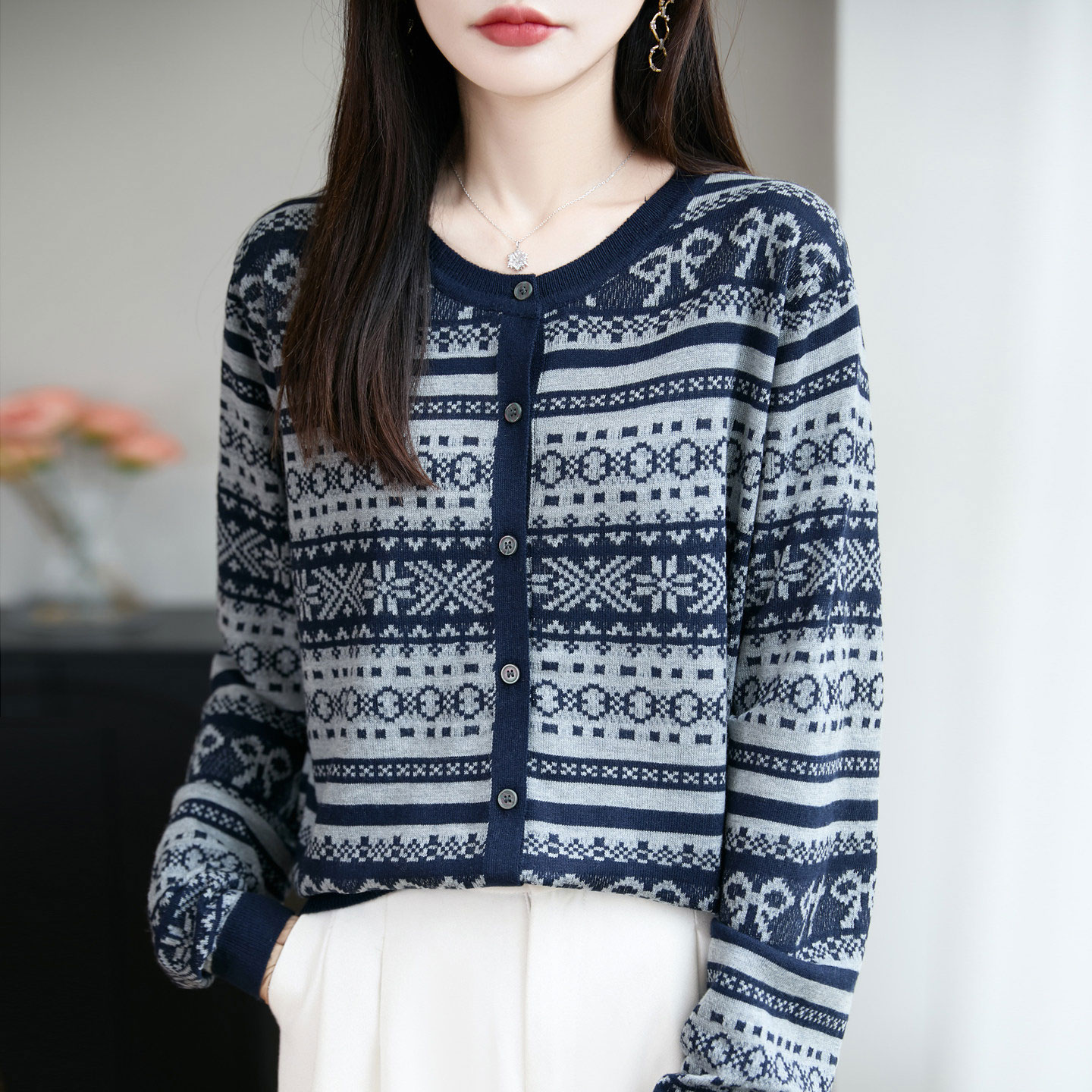 13824647.丹芙娅法式费尔岛提花精纺细毛针织开衫女外套毛衣26新款宽松显瘦打底衫