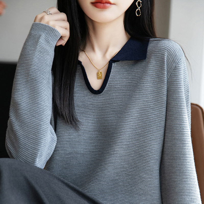 13824646.丹芙娅秋装翻领针织打底衫女春秋内搭上衣洋气大码女装秋冬毛衣